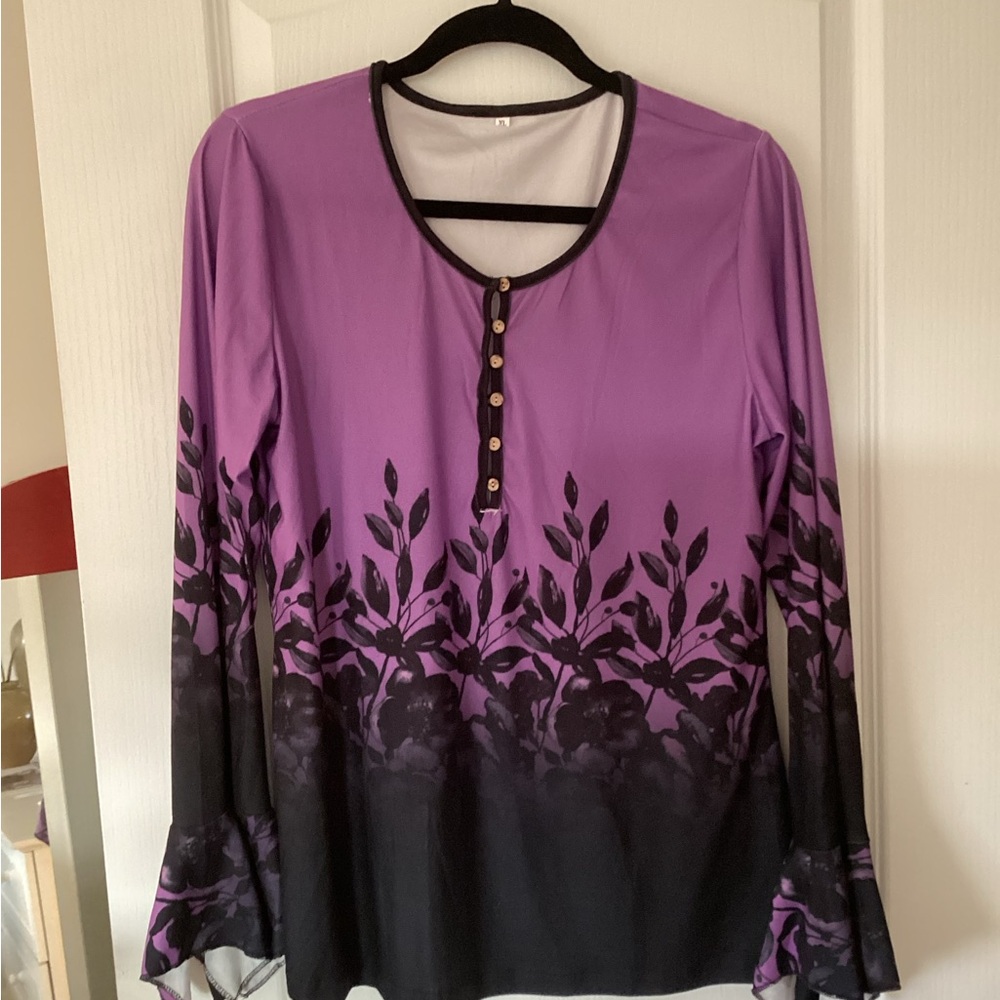 Purple Ombre Floral Long Sleeve Henley Top
